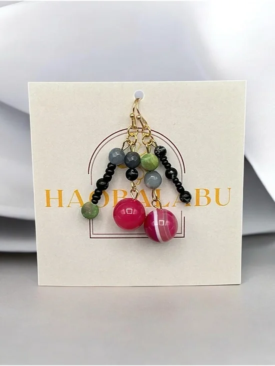 Handcrafted Multicolor Bead Necklace with Pink Drop Earrings - Picture 2 of 9